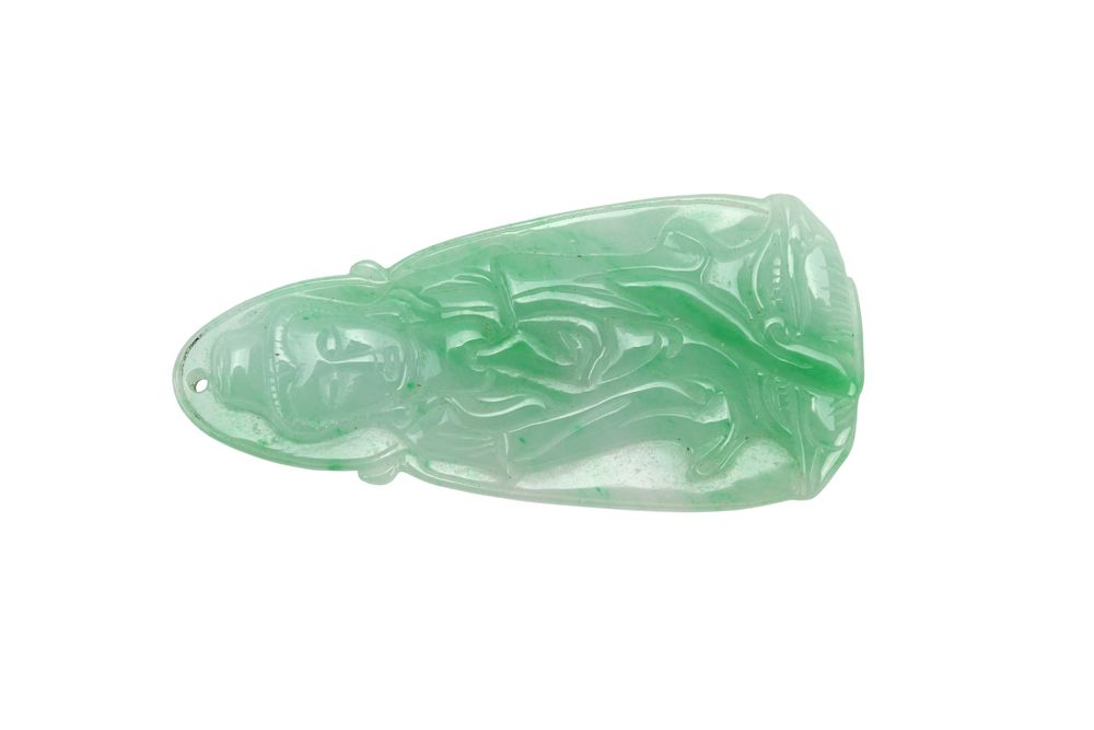Lot 202: Carved Green Jadeite Guanyin Pendant