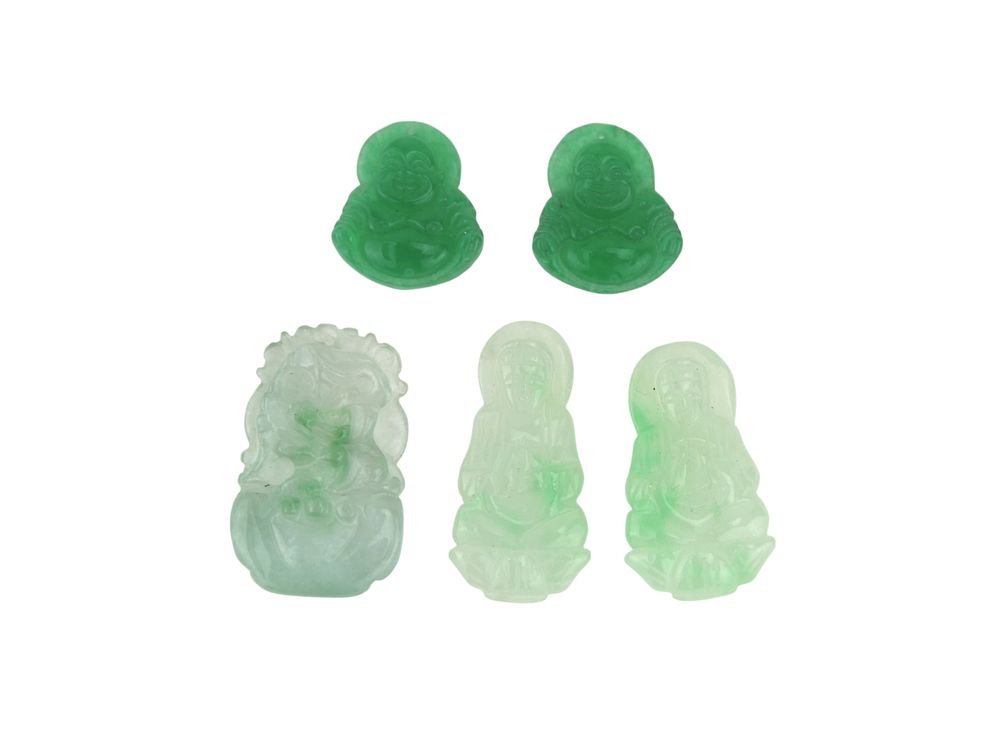 Lot 219: Five Carved Jadeite Pendants, Buddha & Guanyin