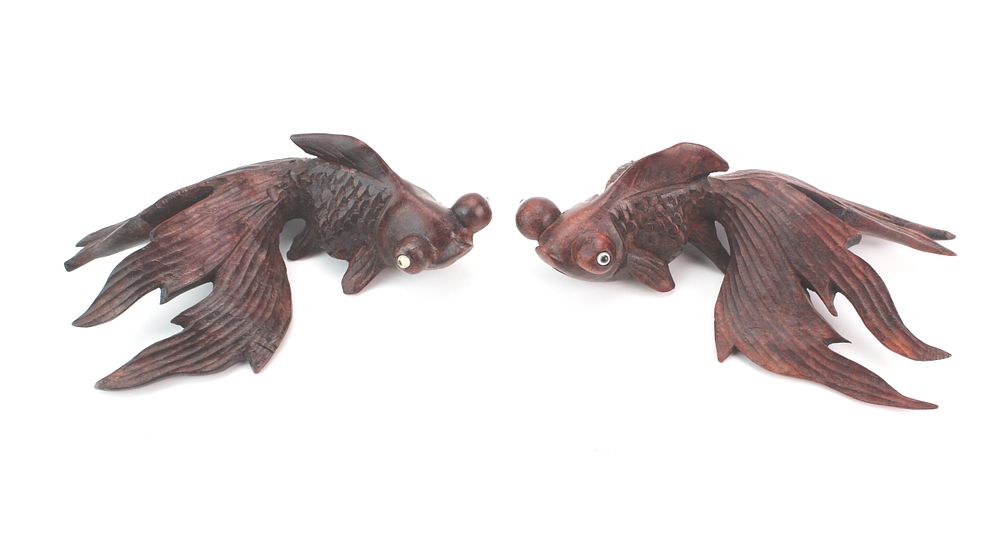 Lot 222: Pair of Carved Wood Goldfish Figures