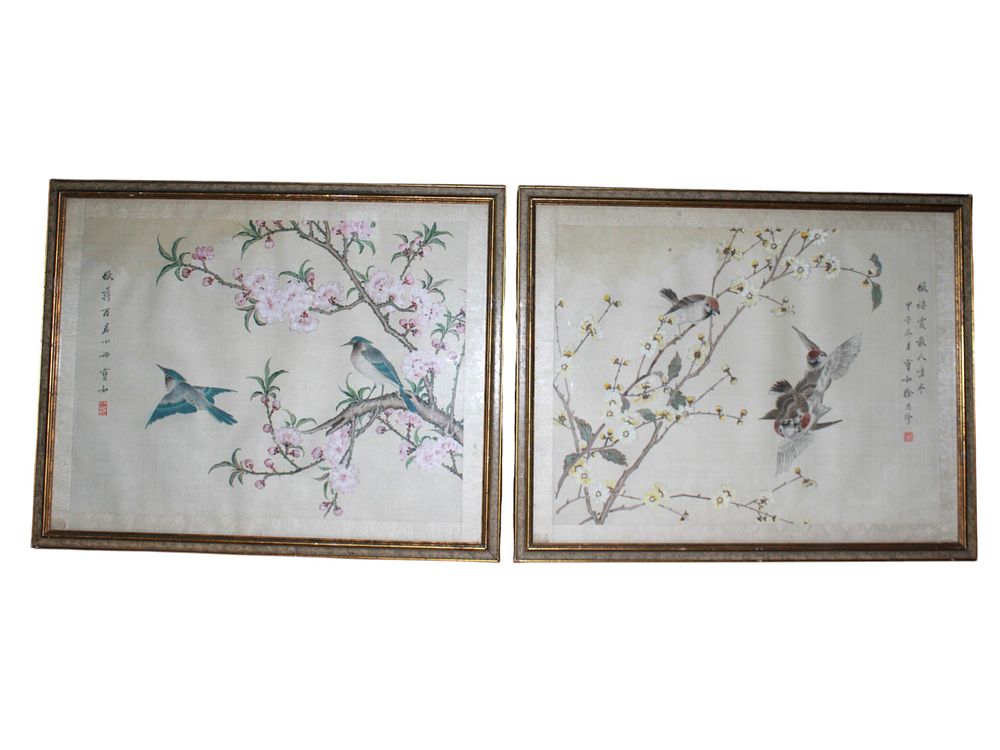 Lot 236: Two W/C Bird & Blossom Paintings By Xu Si-Zhen