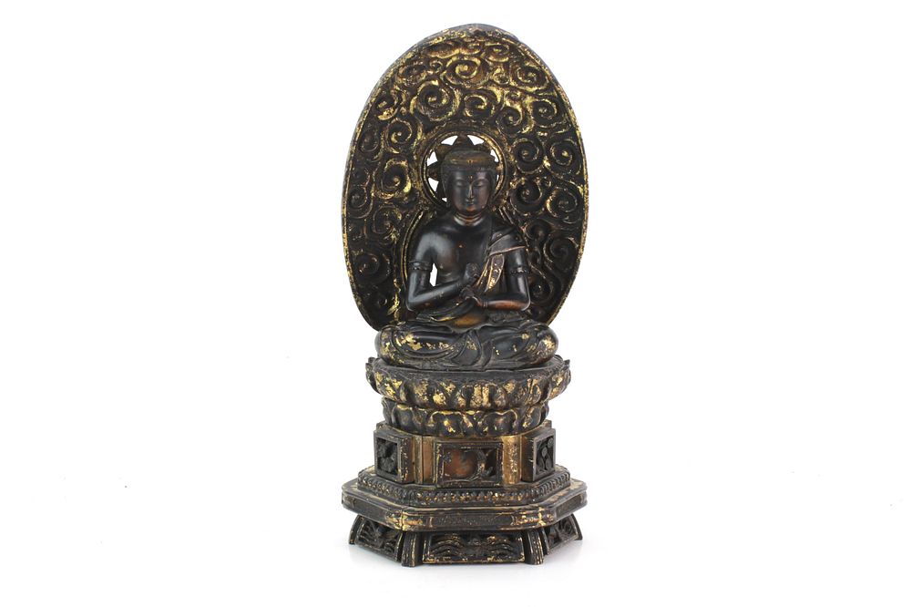 Lot 237: Asian Wood Carved & Lacquered Gilt Sitting Buddha