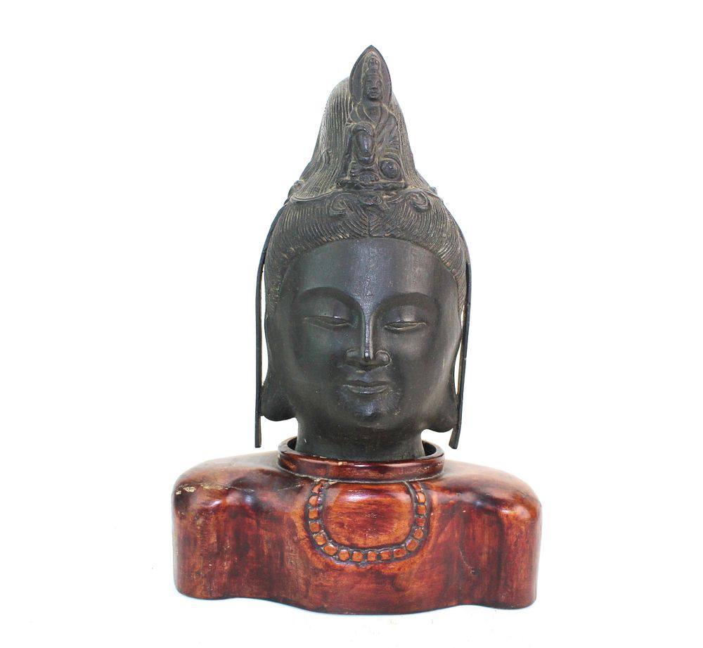 Lot 245: Bronze Buddha Head on Carved Wood Stand