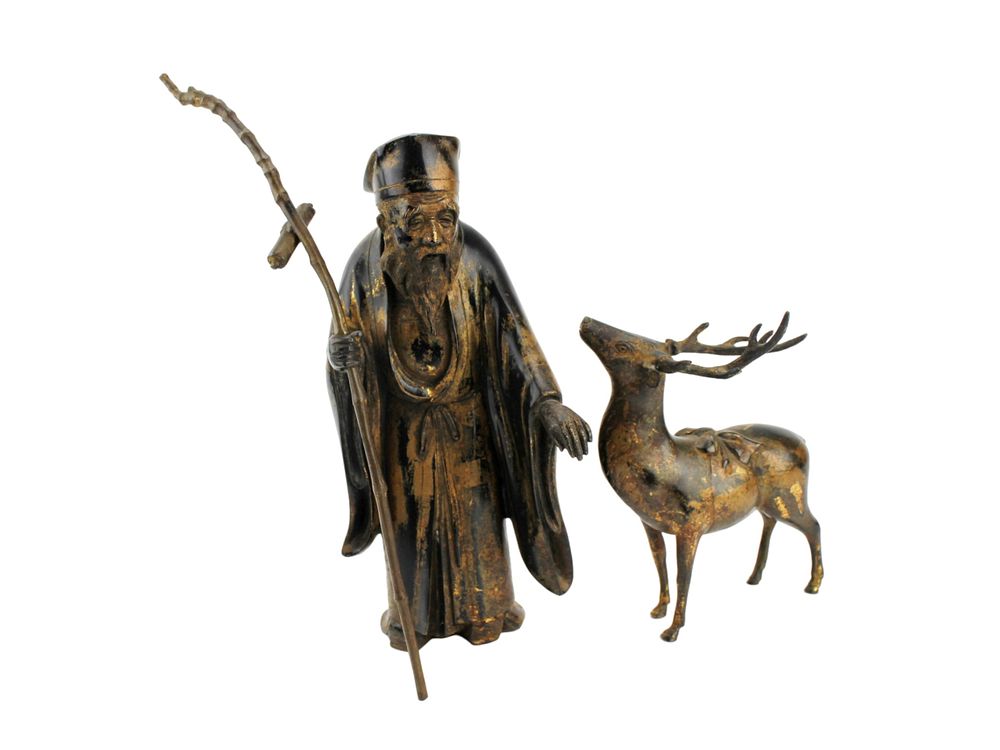Lot 258: Asian Bronze Longevity Man and Deer Figures