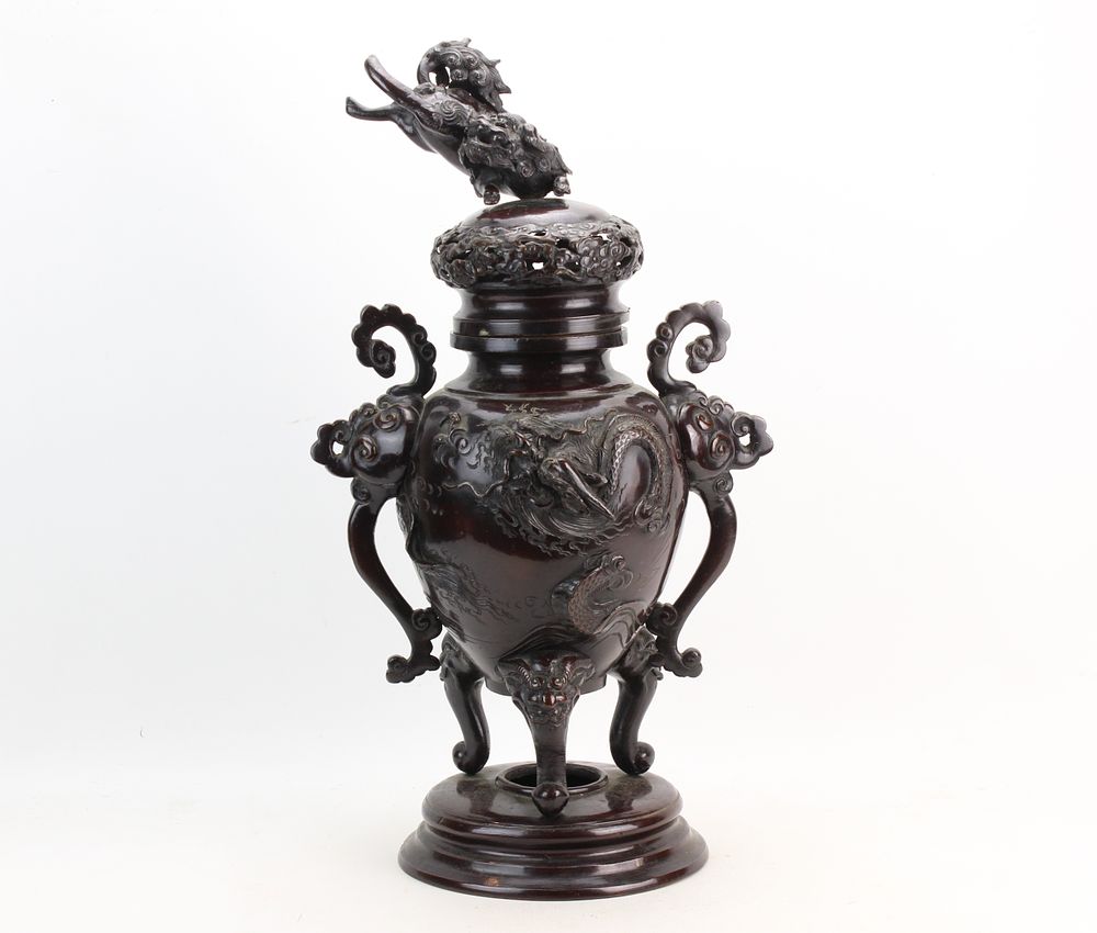 Lot 266: Bronze Censer with Dragon Relief & Qilin Lid