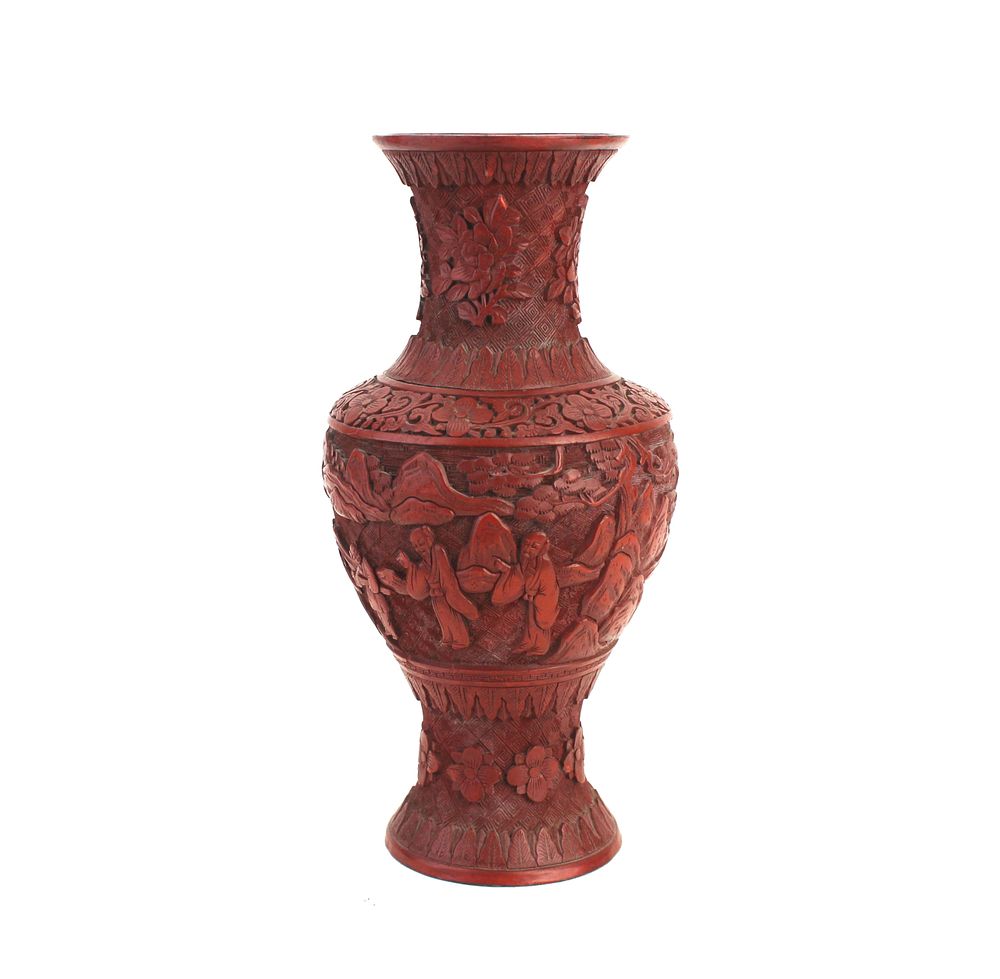 Lot 275: Chinese Cinnabar Lacquer Carved Figural Vase