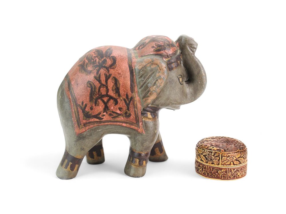 Lot 279: A Pottery Elephant Status & A Cinnabar-style Box