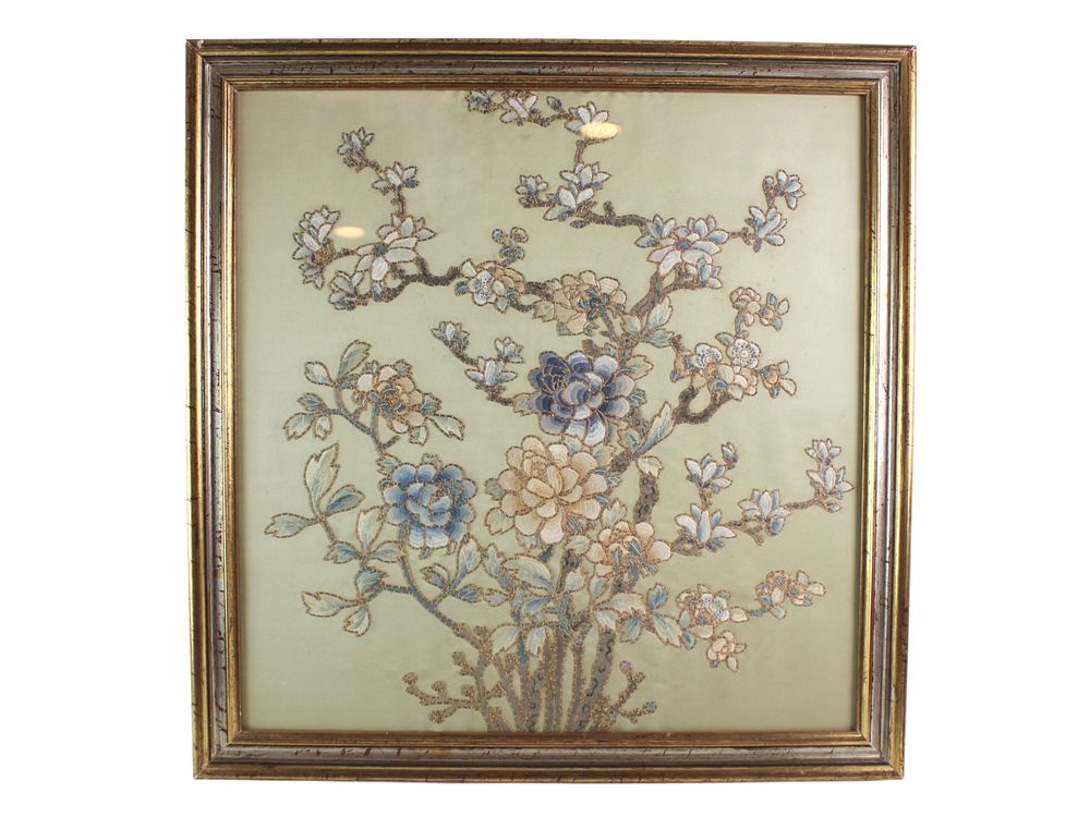 Lot 293: Framed Chinese Needlework Panels w/ Floral Motifs
