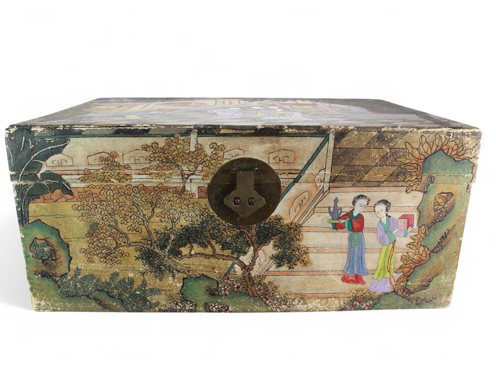 Lot 301: Antique Chinese Hand Painted Leather Covered Truck