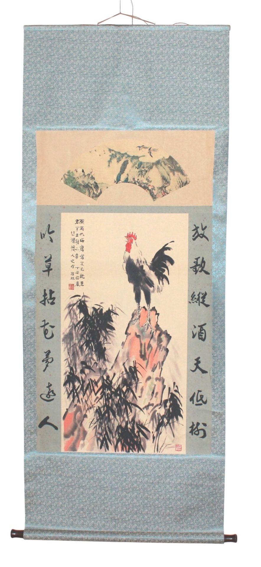 Lot 302: Chinese Scroll with Rooster & Calligraphy Print