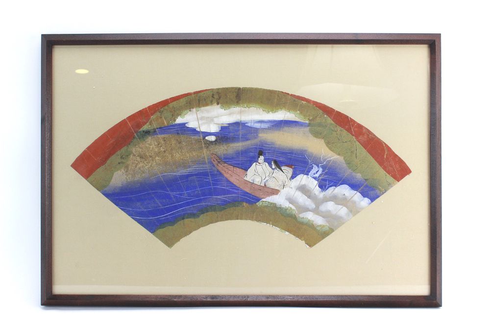 Lot 309: Framed Japanese Hand-Painted Fan Art – River Boat