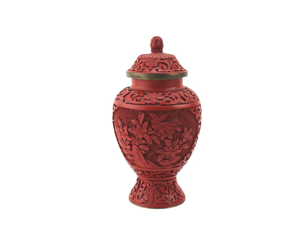 Lot 338: Carved Cinnabar Lacquer Lidded Urn