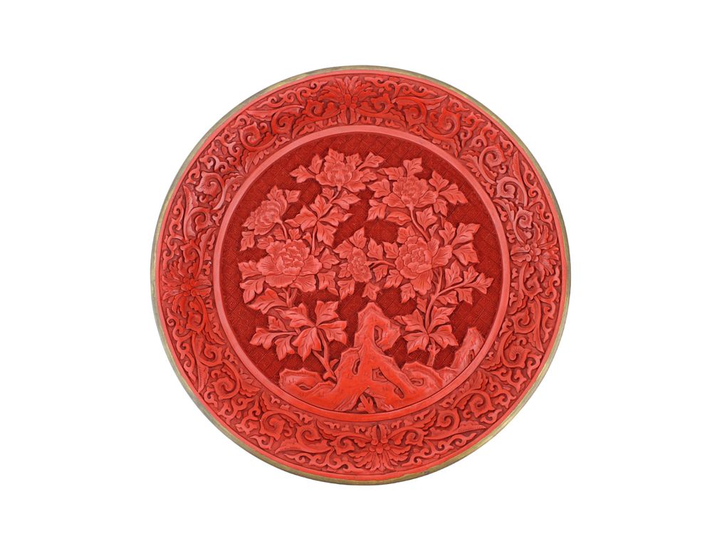 Lot 340: Chinese Cinnabar Lacquer Carved Floral Platter