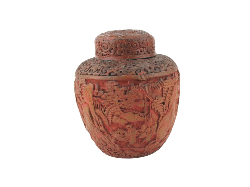 Lot 344: Chinese Cinnabar Lacquer Lidded Jar