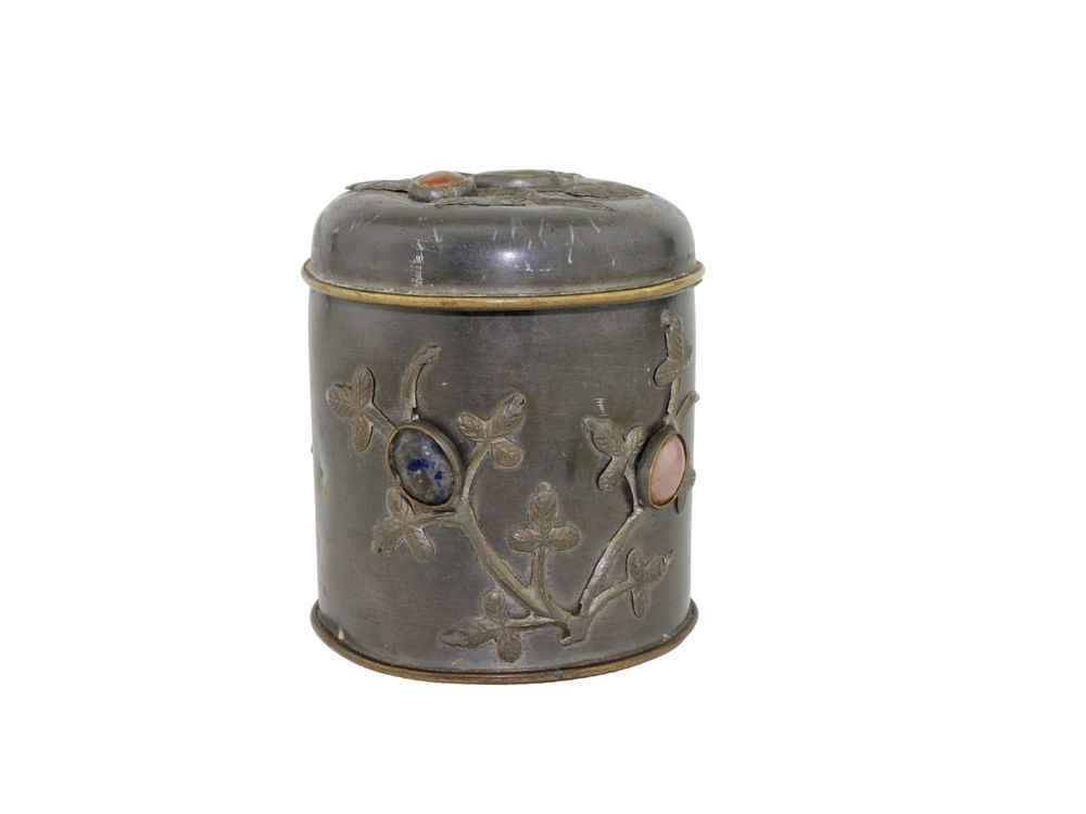 Lot 347: Chinese Pewter Tea Caddy with Stone Inlays