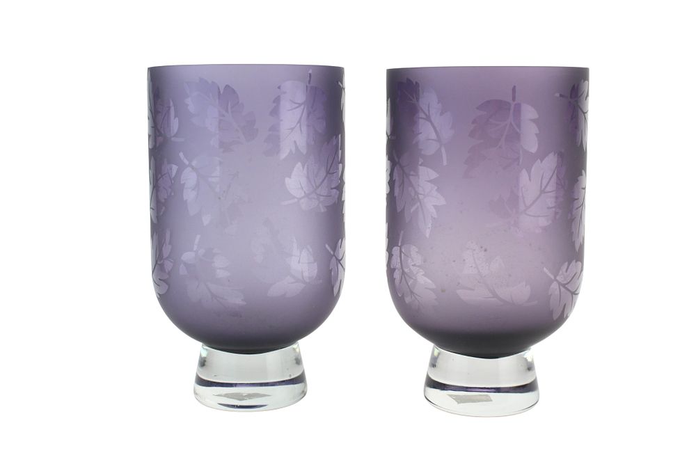 Lot 419: Pair of Purple Etched Glass Vases