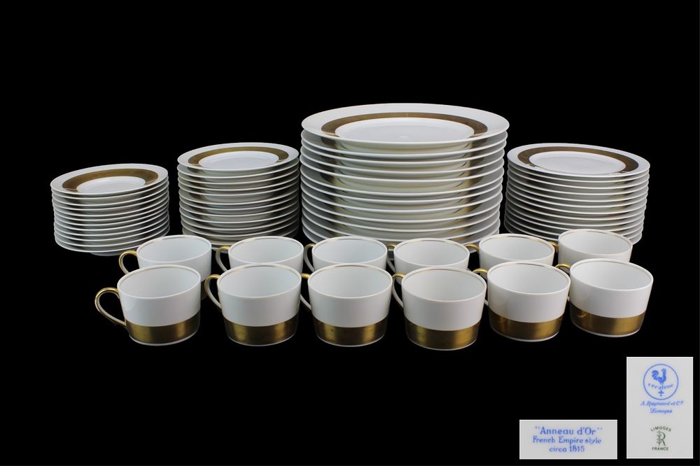 Lot 463: 63 Pcs Raynaud Limoges Gold Rim Dinner Set