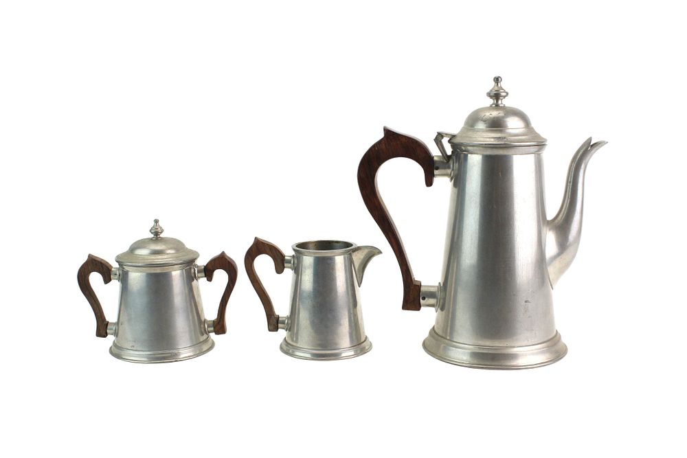 Lot 473: Stieff Pewter Coffee and Tea Set with Wood Handles