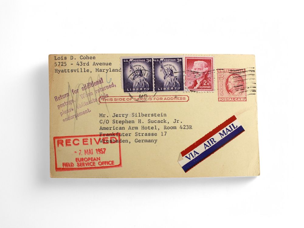 Lot 503: 1957 Air Mail Postal Card from Maryland to Germany