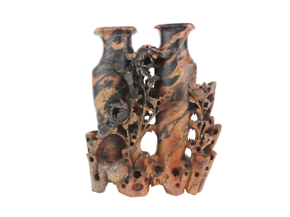 Lot 526: Chinese Carved Soapstone Vase with Floral Motif
