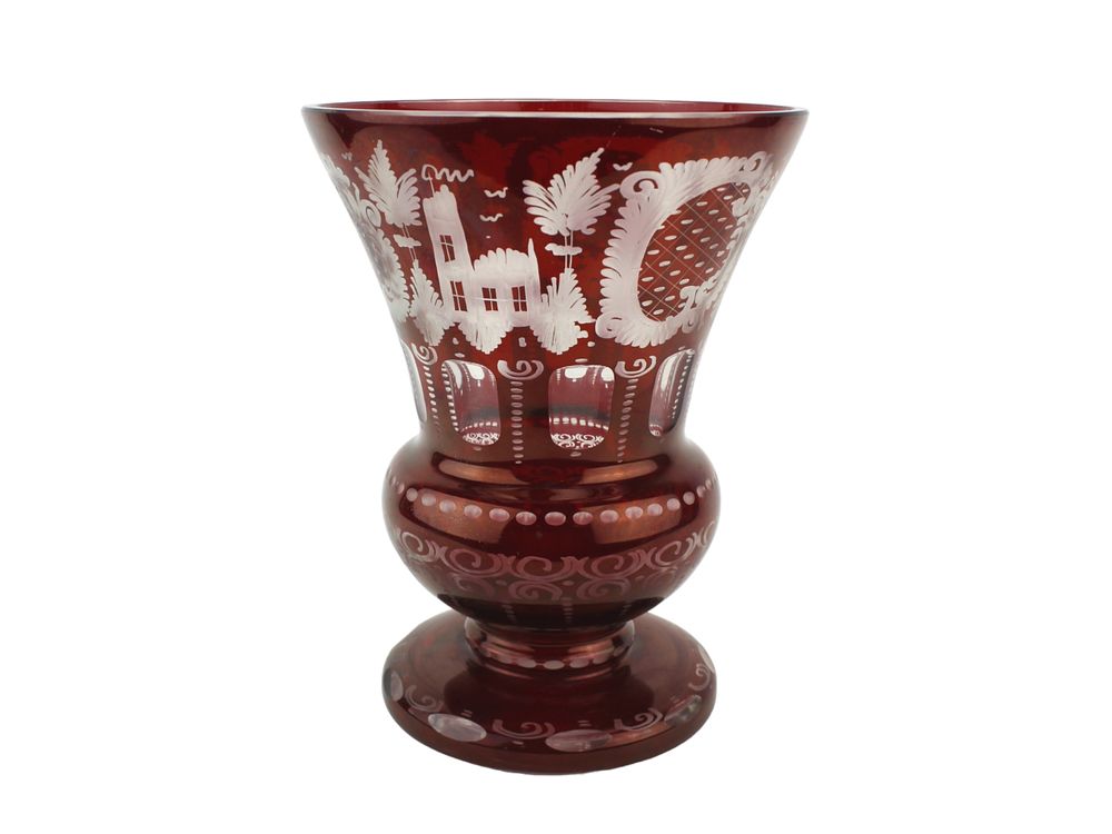 Lot 529: Vintage Bohemian Ruby Cut To Clear Glass Vase