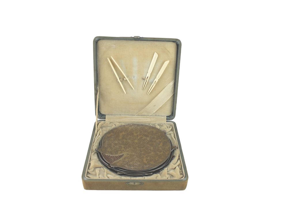 Lot 557: Boxed Set of Antique Copper Dishes with Bone Picks