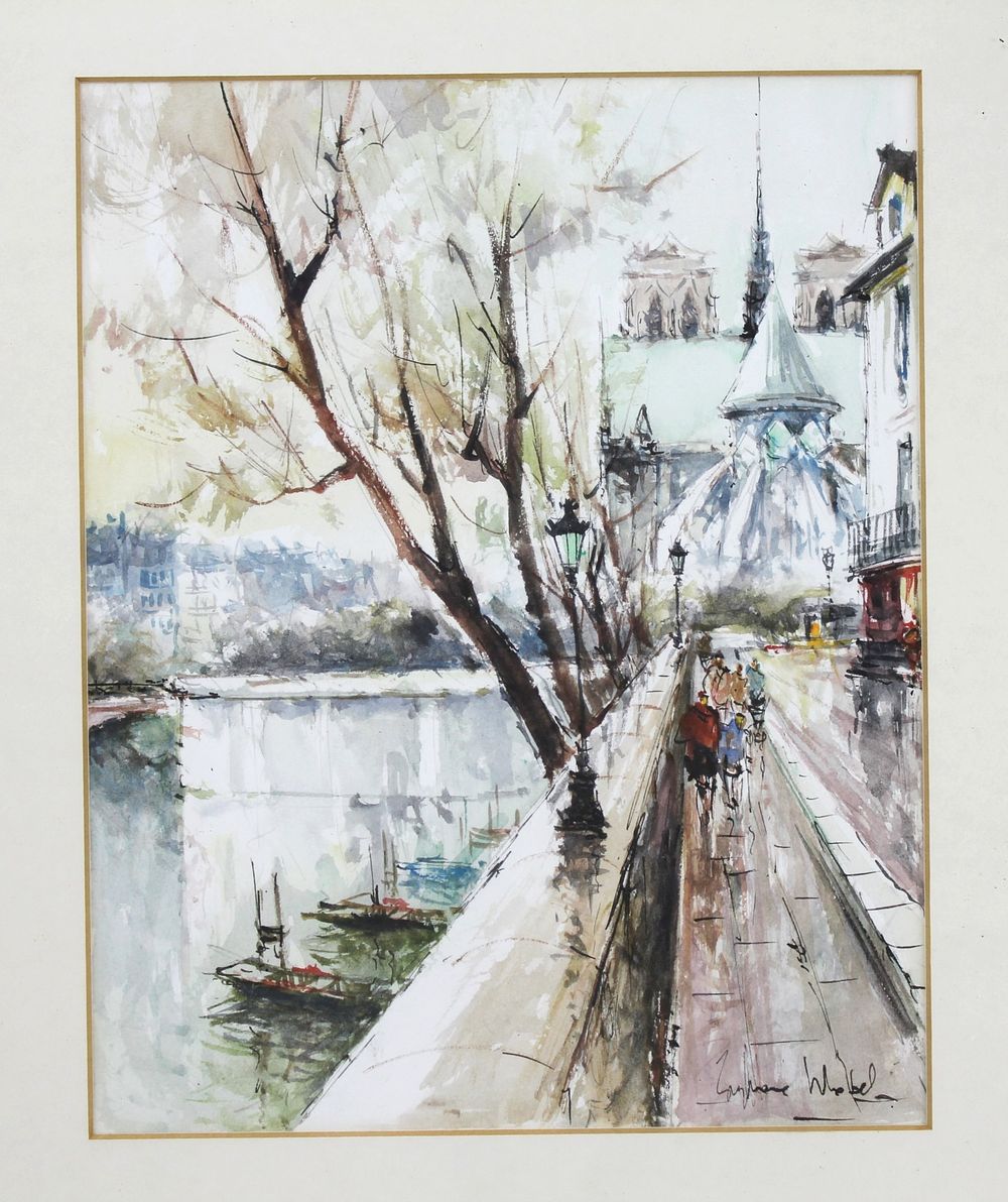 Lot 561: Stephane Wrobel, Street Scene By River,  W/C
