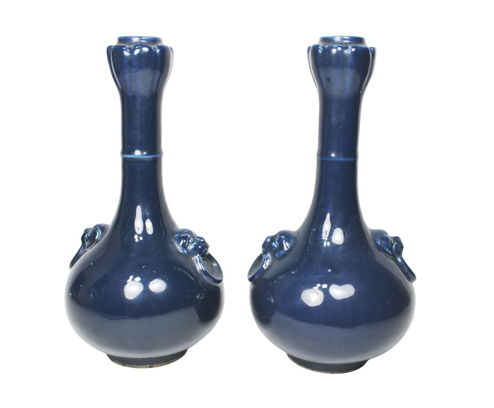 Lot 599: Pair Of Blue Glazed Garlic Head Porcelain Vases