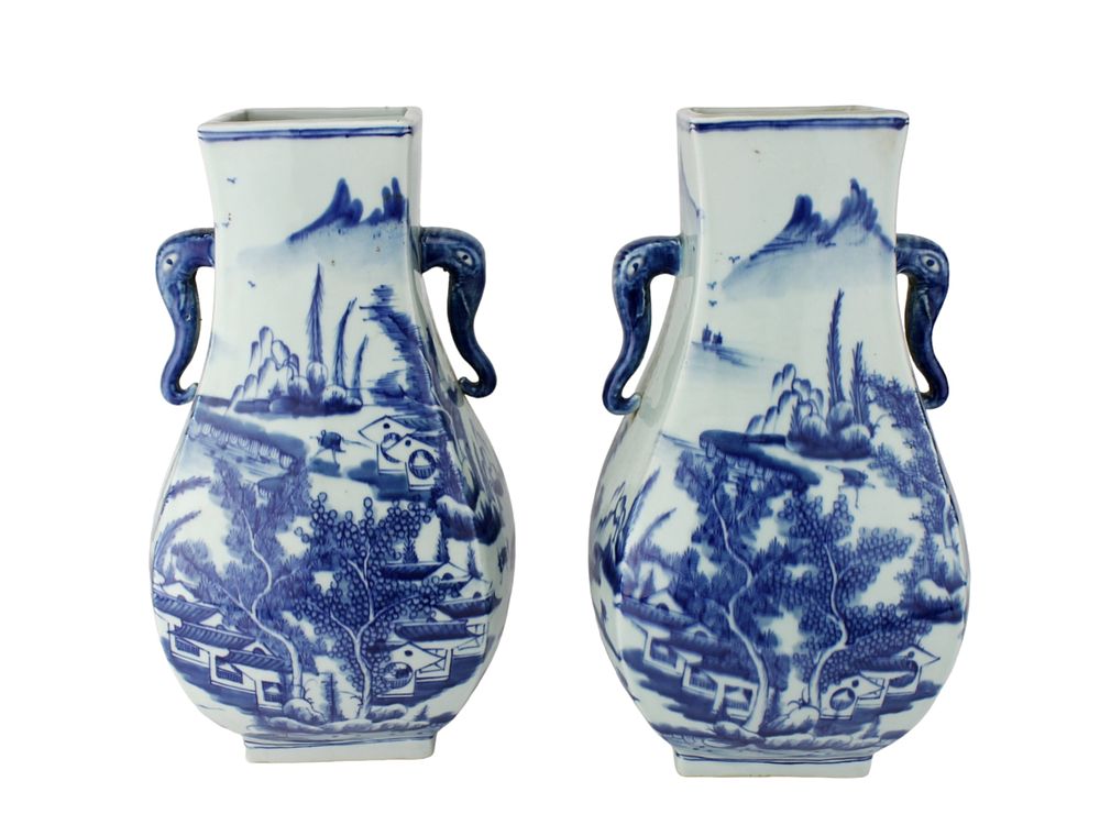 Lot 601: Pair of Chinese Blue & White Square Vases