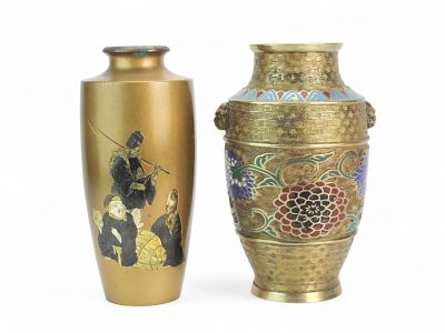 Two Japanese Mixed Metal & Chamleve Vases. Pair of Japanese decorative vases, each approx. 8 1/4 
