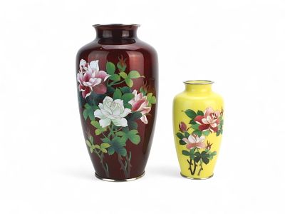 Two Cloisonne Enamel Vases with Floral Design. Pair of cloisonne enamel vases: one deep red with 