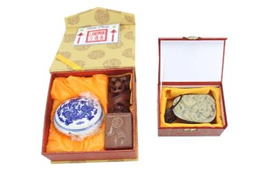 Chinese Seal, Ink Box & Hardstone Pendant Set. Group of Chinese tabletop items and accessories 