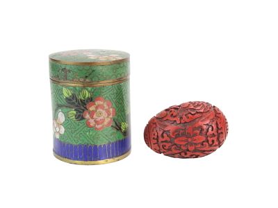 Cloisonne Tea Caddy & Cinnabar Carved Egg. Chinese Cloisonne Tea Caddy and Cinnabar Egg ? Floral 