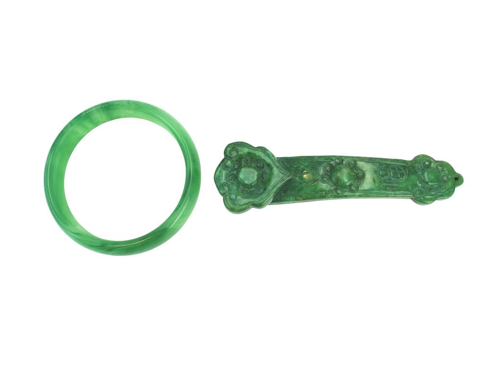 Lot 154: Green Stone Bangle and Carved Ruyi