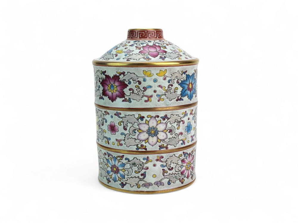 Lot 164: Chinese Famille Rose Floral Three-Tiered Jar
