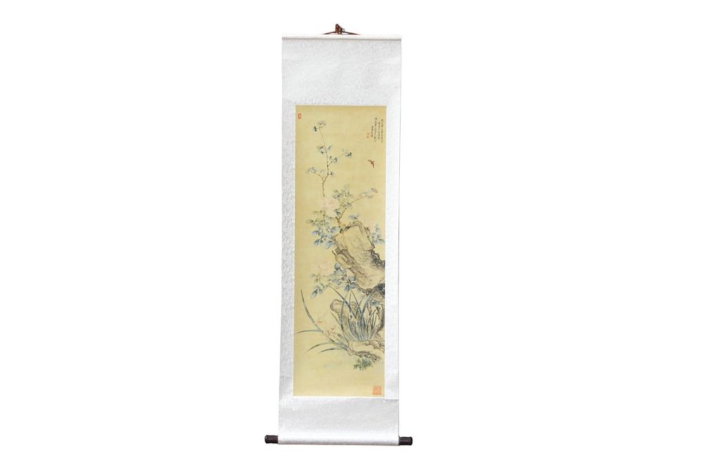 Lot 165: Chinese Floral Watercolor Print Scroll