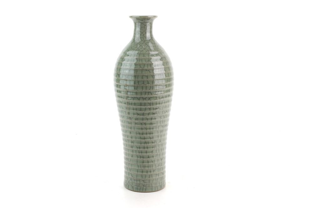 Lot 166: Chinese Celadon Crackle Glazed Ribbed Vase