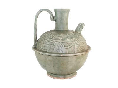 Chinese Celadon Ewer with Carved Floral Motif. Chinese celadon ewer with carved floral motifs 