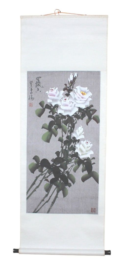 Lot 180: Chinese White Roses Watercolor Scroll Painting