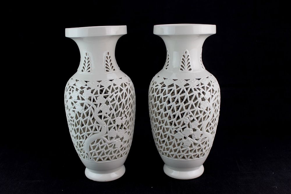 Lot 188: Pair White Reticulated Porcelain Vases