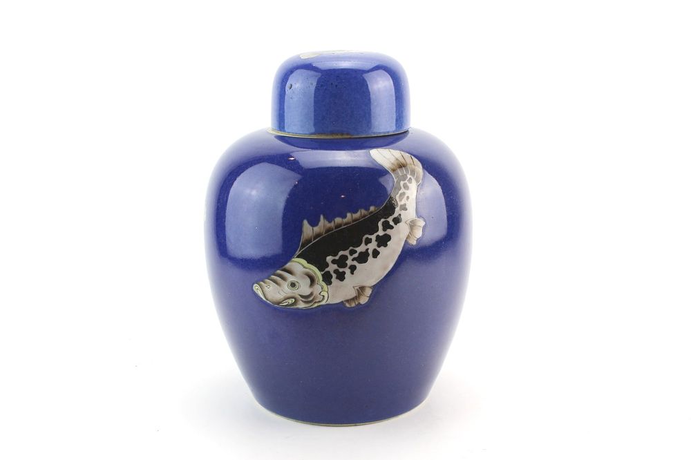 Lot 200: Chinese Blue Glaze Fish Lidded Jar