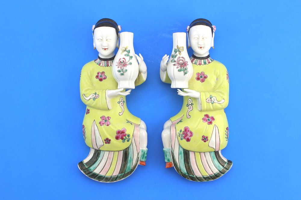 Lot 201: Pair Famille Rose Figural Wall Vases