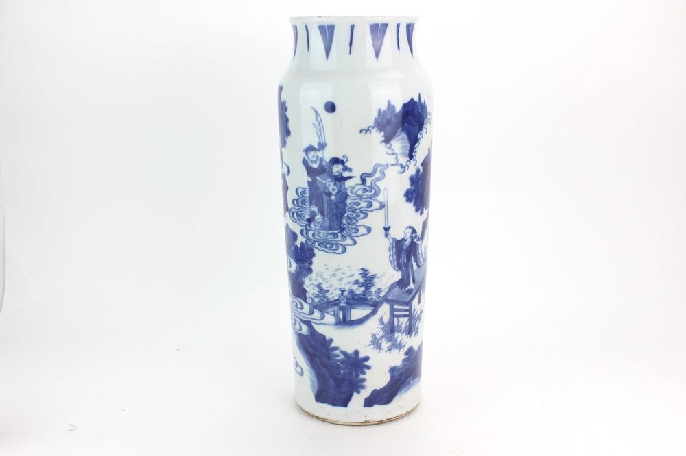 Lot 208: Chinese B/W Figural Porcelain Cylindrical Vase