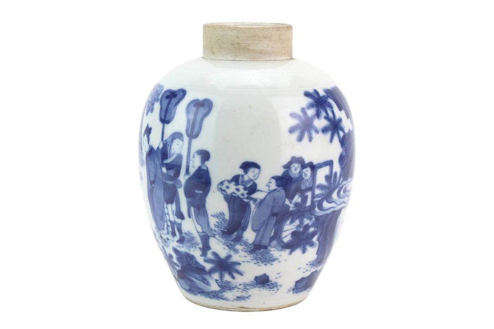 Lot 215: Chinese Blue & White Figural Porcelain Jar