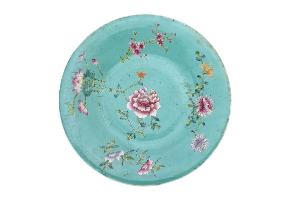 Lot 216: Chinese Famille Rose Turquoise Floral Dish