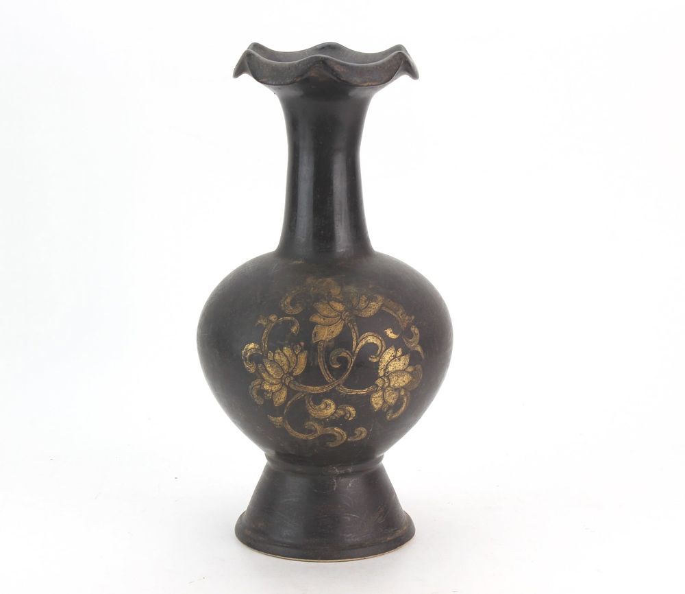Lot 229: Chinese Black Glazed Gilt Decorated Vase
