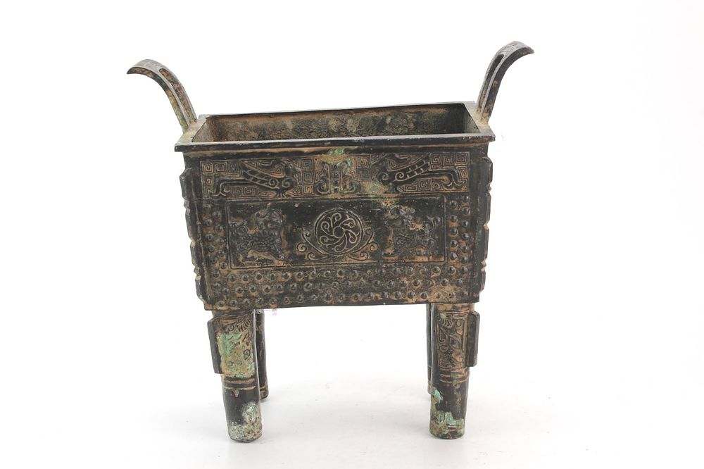 Lot 245: Chinese Archaistic Style Bronze Fang Ding Censer