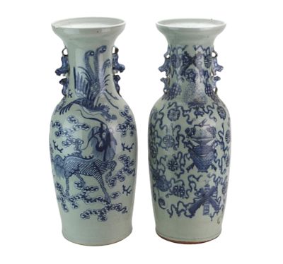 Pair Large Chinese Blue & White Vases. Pair of large Chinese blue and white vases with flared 