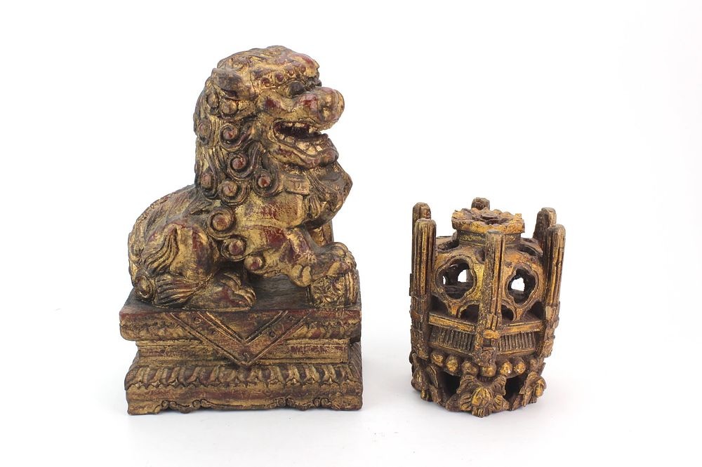 Lot 285: Chinese Gilt Wood Lion & Ball