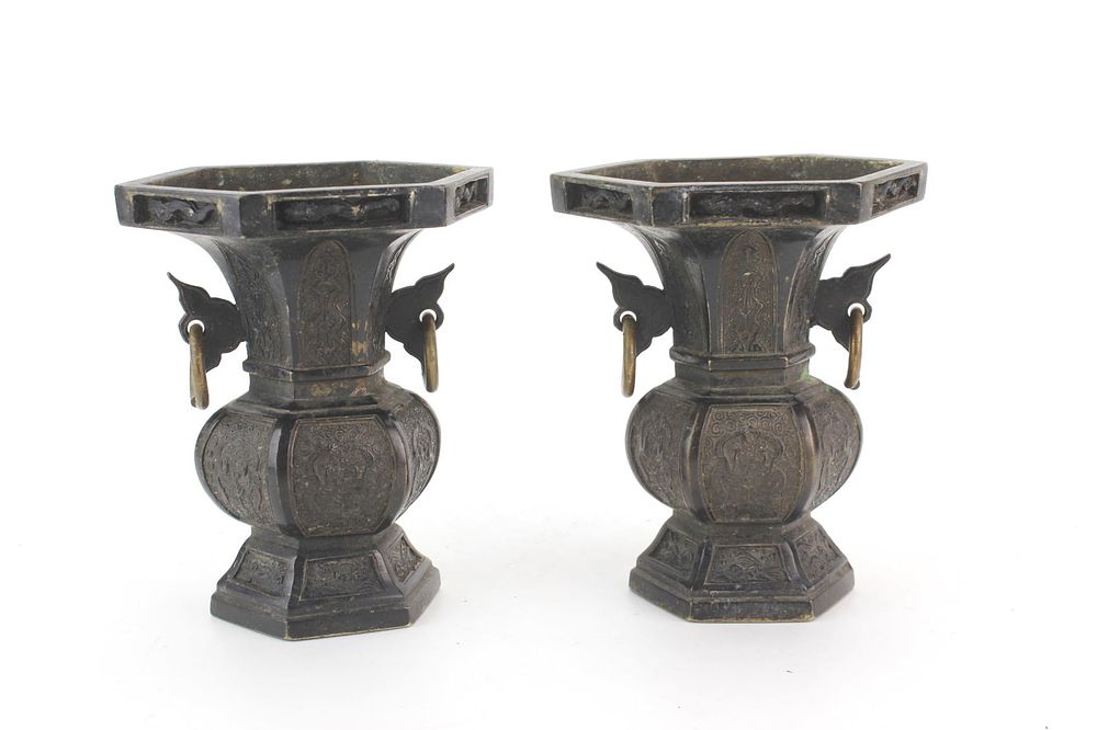 Lot 288: Pair Chinese Hexagonal Bronze Vases
