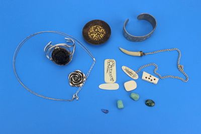 Group of Jewelry & Collectibles. Group lot including costume jewelry, carved pendants, stones 